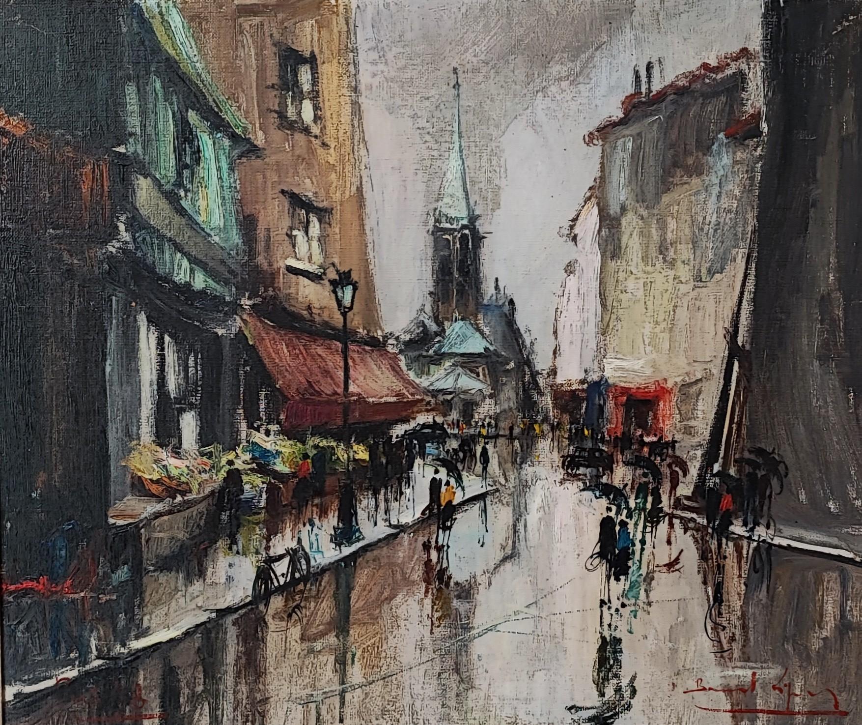 Bernard Lignon Landscape Painting - Busy market street on a rainy day
