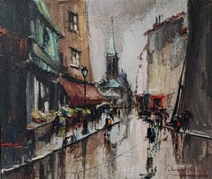Busy market street on a rainy day