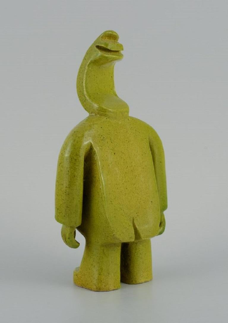 Glazed Bernard Lombot, French Ceramist, Unique Ceramic Sculpture, Standing Green Man For Sale