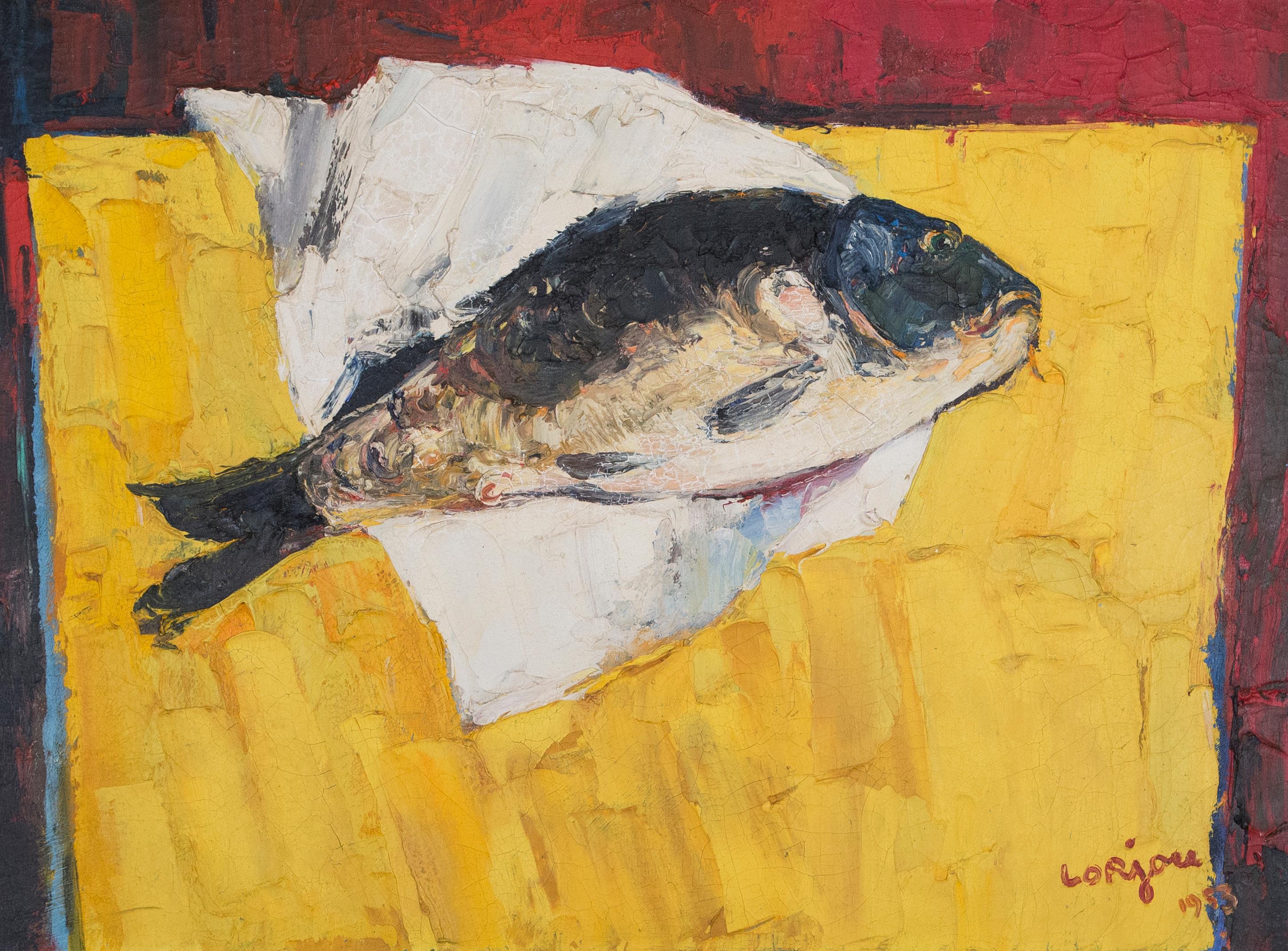 La Carpe, Fish on Table Still Life - Painting by Bernard Lorjou