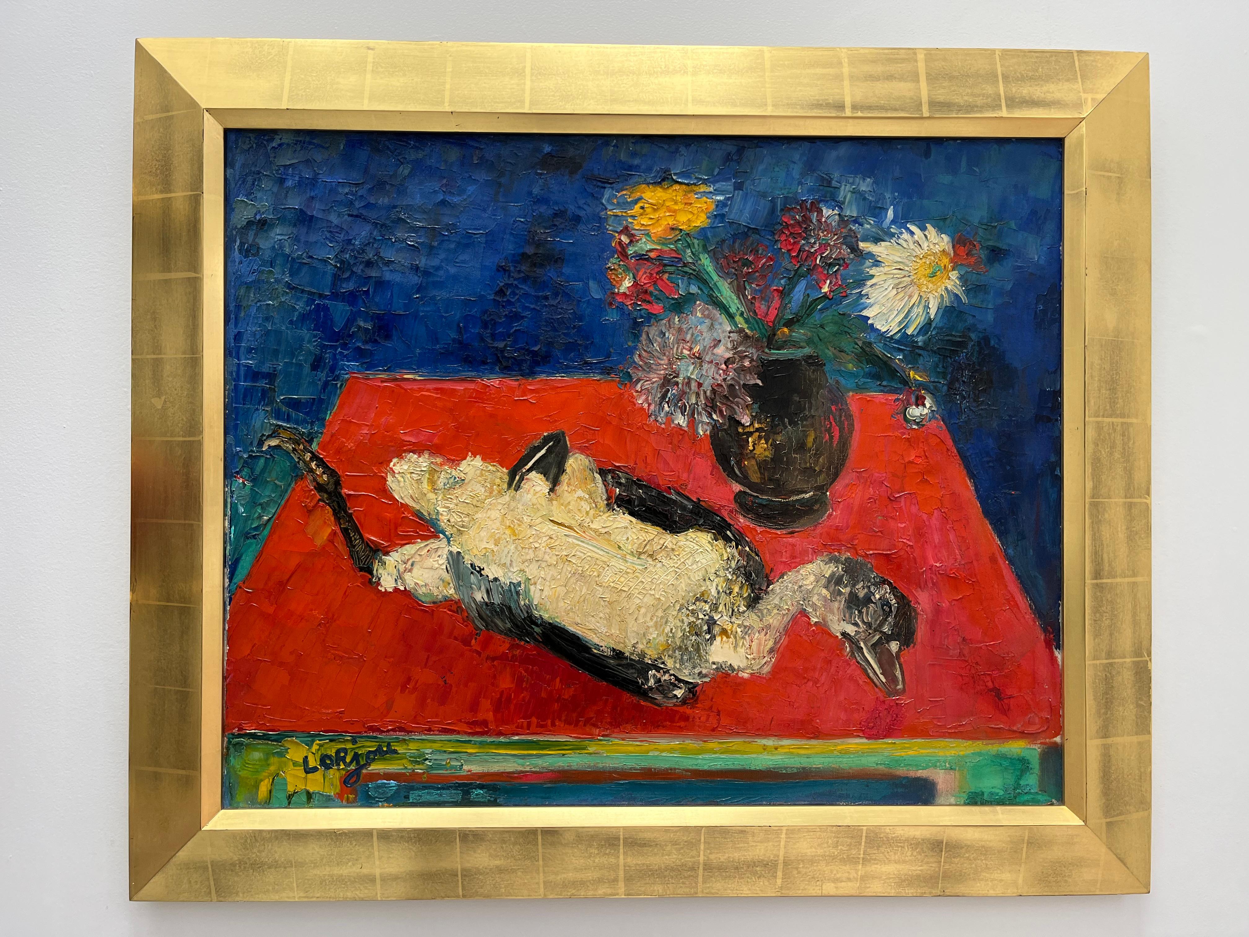 Still-Life Painting Bernard Lorjou - Nature morte avec canard et bouquet sur plateau de table