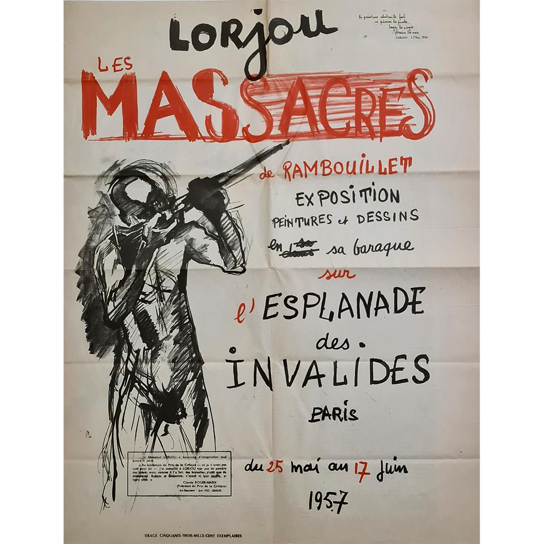 Original poster produced in 1957 by Lorjou  "les massacres de Rambouillet" - Print by Bernard Lorjou