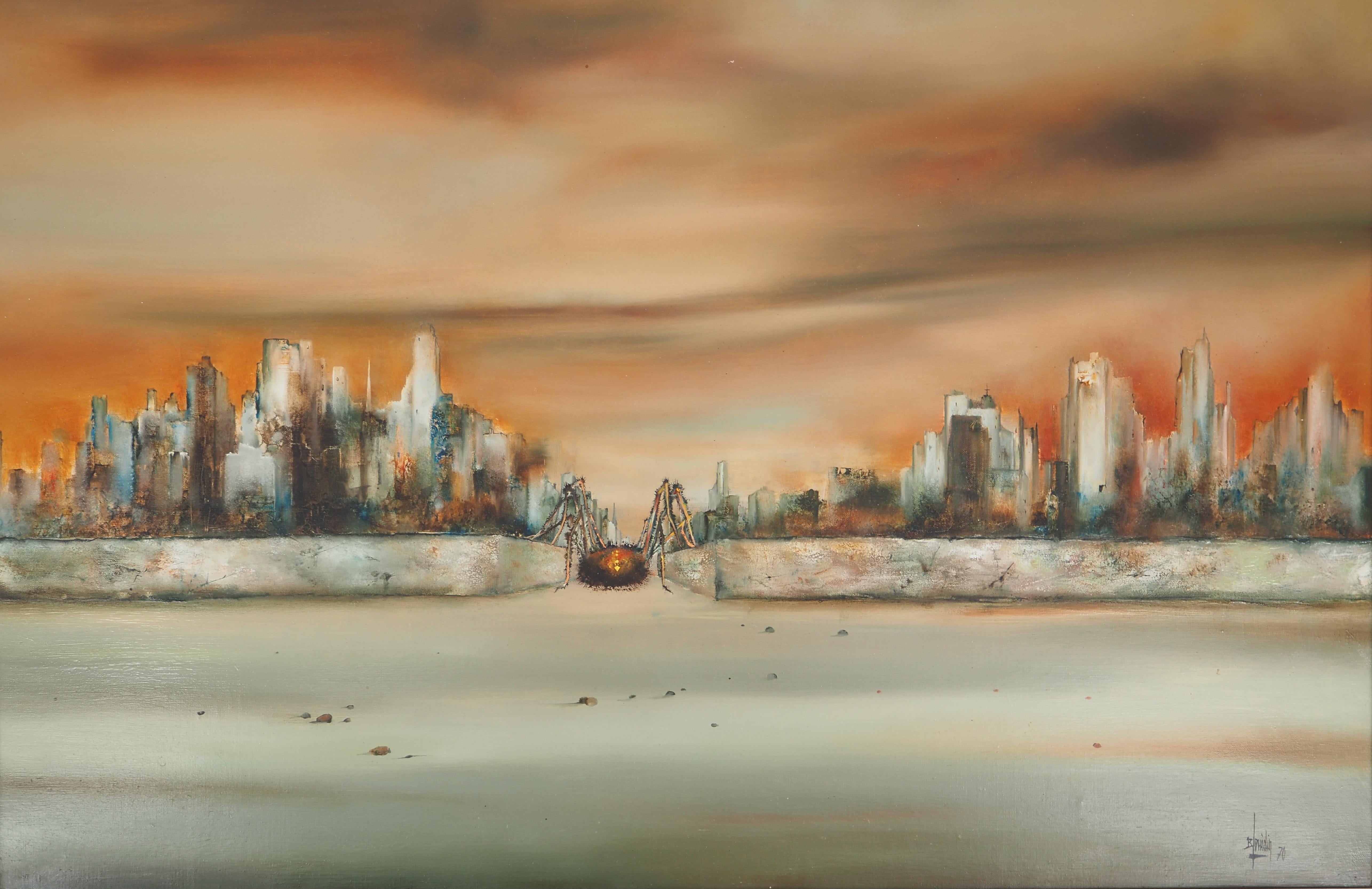 Fantasy : Spider on the City – Original Ölgemälde auf Leinwand, handsigniert (Symbolismus), Painting, von Bernard LOUEDIN