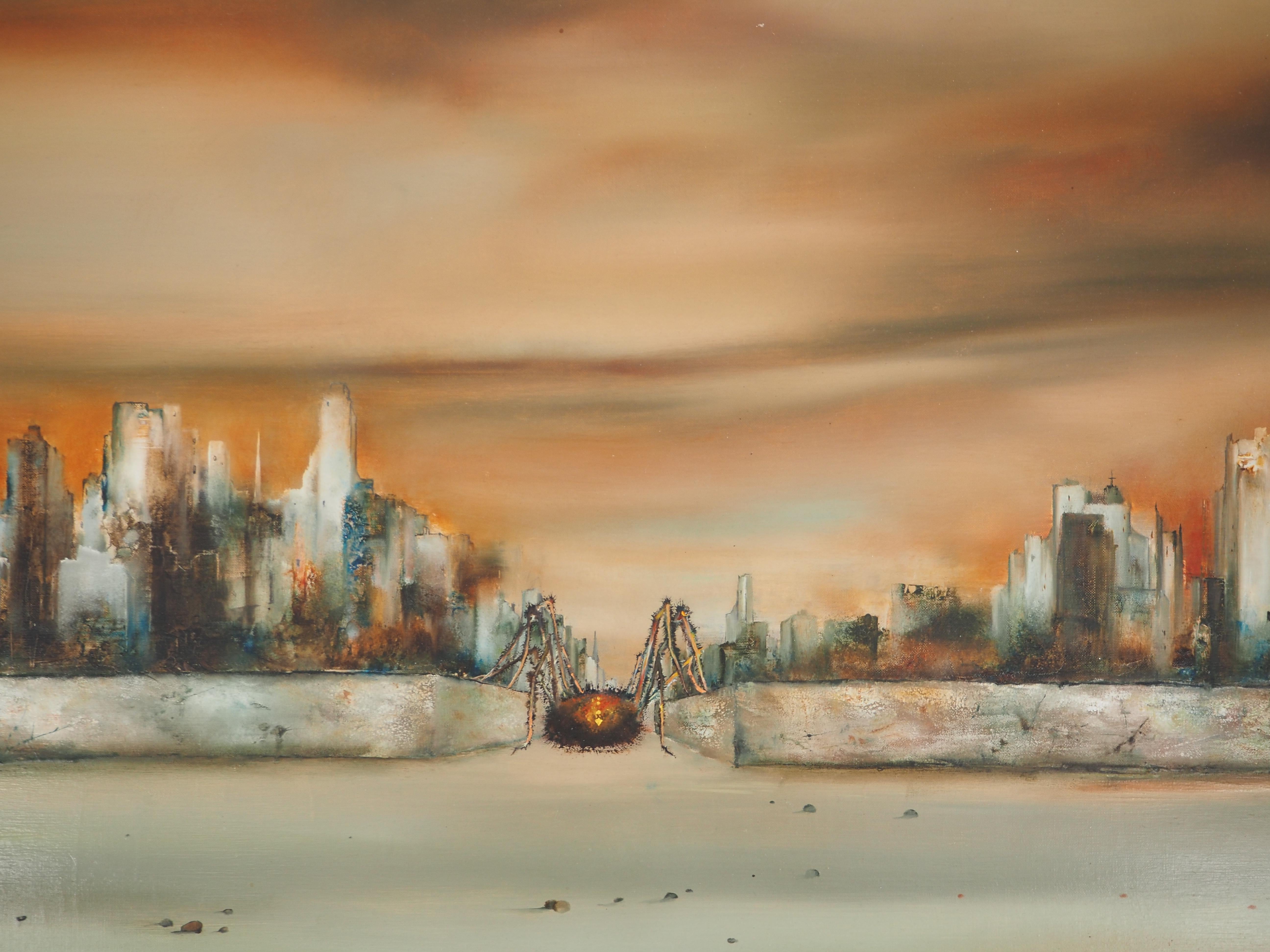 Fantasy : Spider on the City – Original Ölgemälde auf Leinwand, handsigniert (Braun), Landscape Painting, von Bernard LOUEDIN