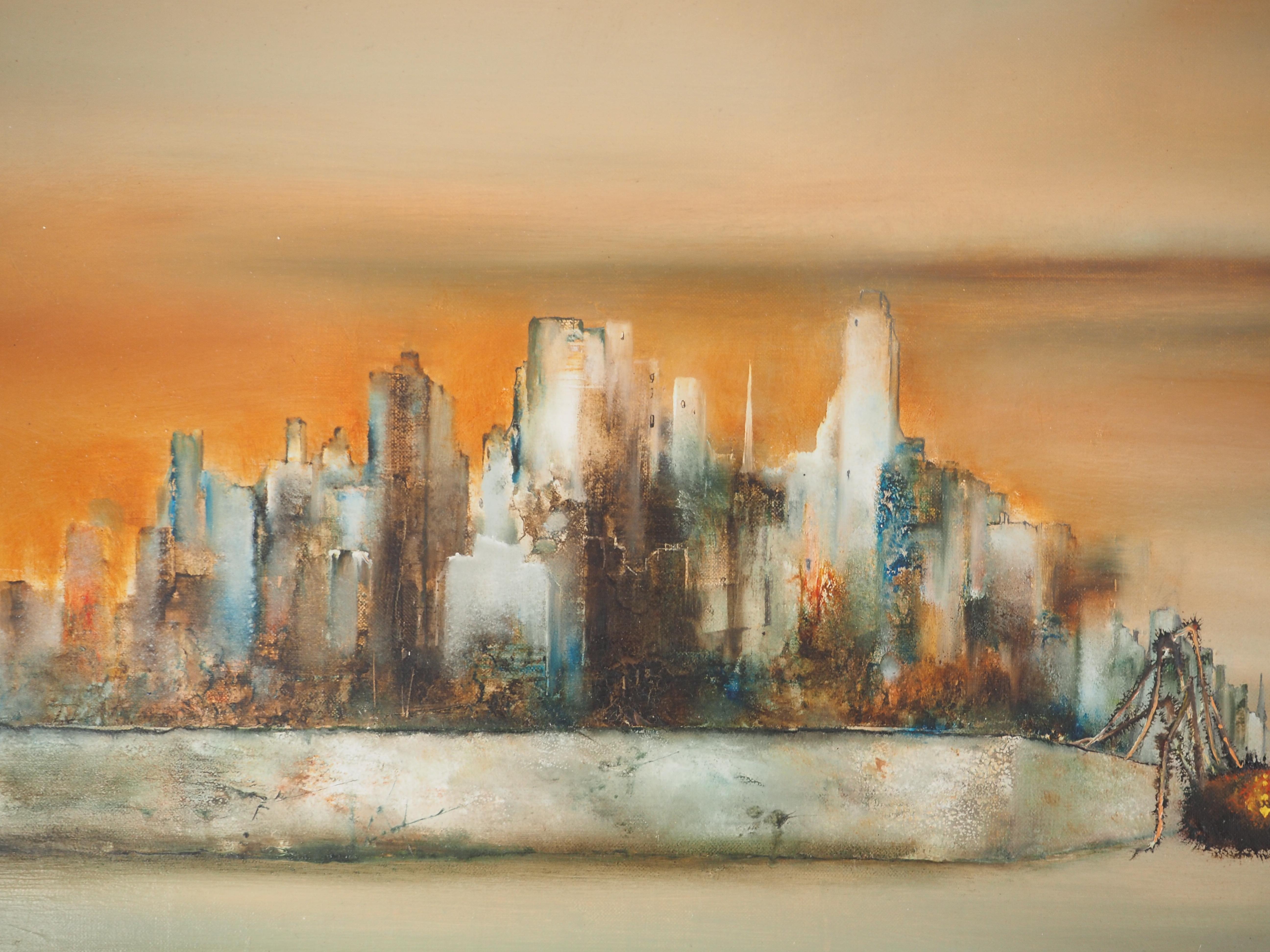 Bernard LOUEDIN
Fantasie : Spinne in der Stadt, 1970

Original Öl auf Leinwand
Handsigniert und datiert in der rechten unteren Ecke
Auf Leinwand 54 x 81 cm (ca. 22 x 32 Zoll)
Präsentiert in goldenem Holzrahmen 66 x 93 cm (ca. 25 x 37