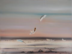 Paisaje marino : Tan ligero como una pluma - Óleo original sobre lienzo, firmado a mano
