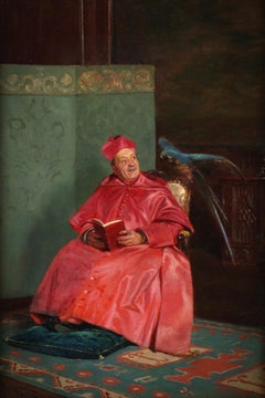 French oil painting on canvas " Bishop and his Parrot " by Bernard Louis BORIONE