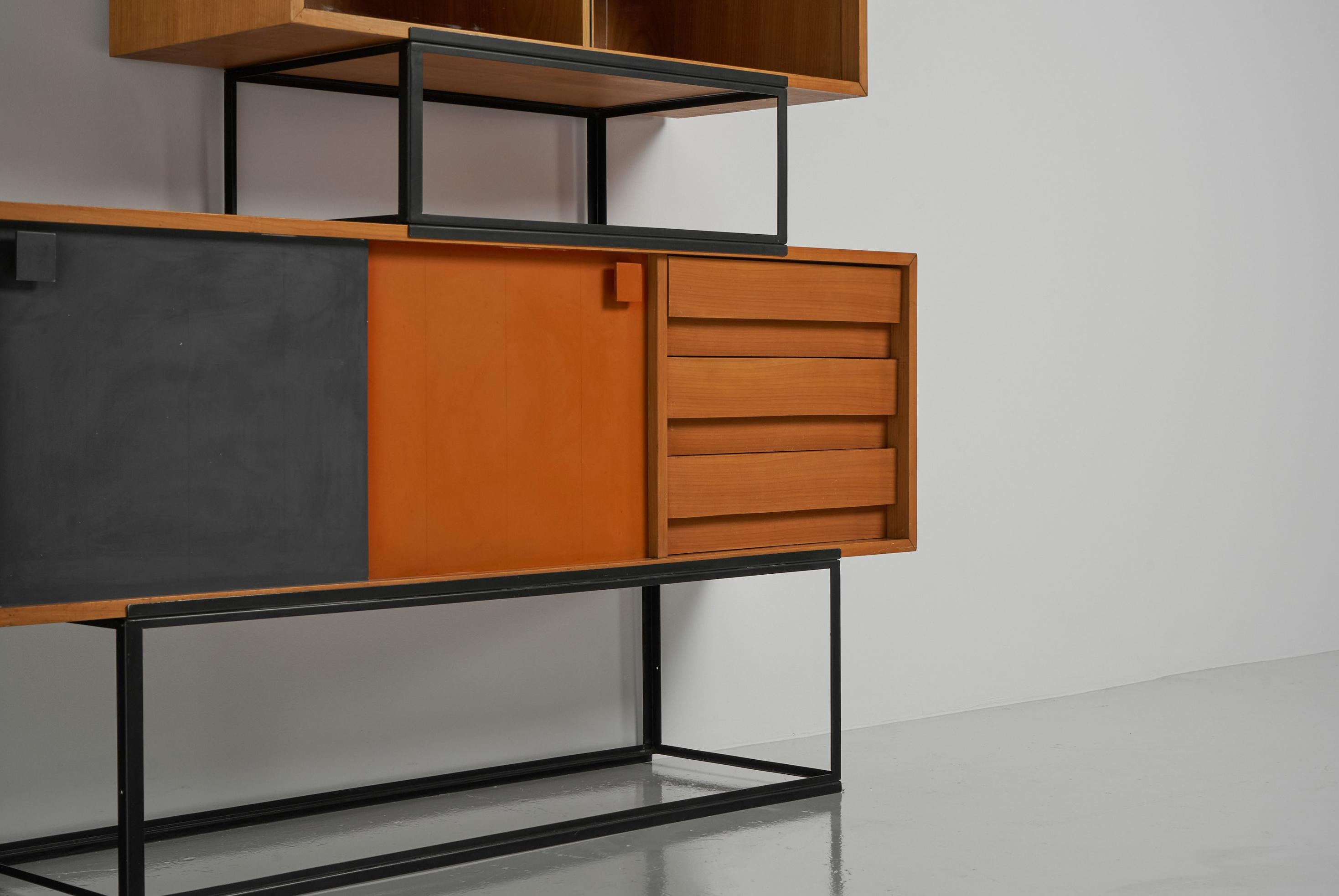 Rare set of 2 modular cabinets designed by Bernard Marange and manufactured by NF Meubles, France 1960. These cabinets are made in the blooming French minimalism period. Where many important designers reinvented the modernism. This typical set of