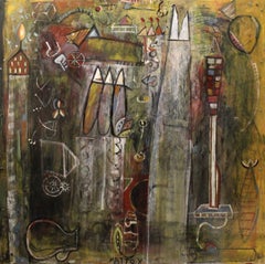 "Archeology of Solitude II" oil painting on panel, abstract, geometric, symbols