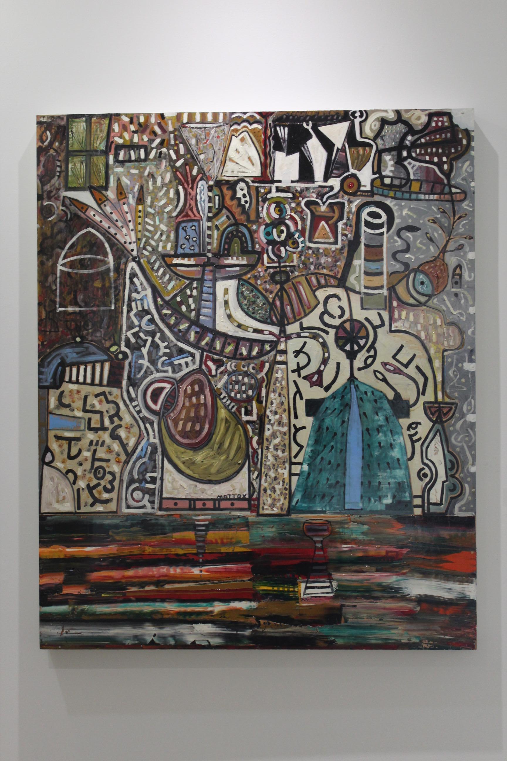 This abstract oil on wood borrows imagery from different cultures and visual histories; the artists considers the work an archeological study of sorts. 