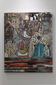 "Mapmaker II" oil painting on panel, abstract, geometric, by Bernard Mattox