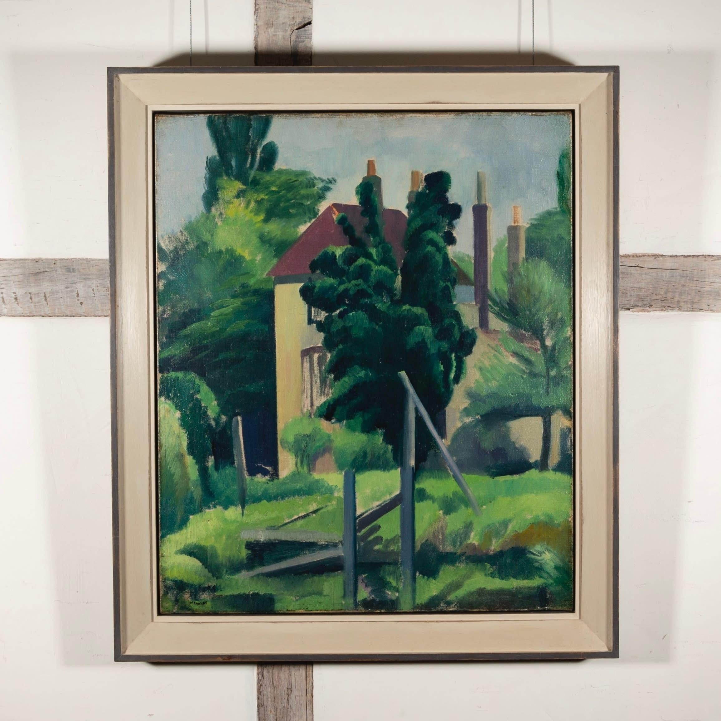 Casa y árboles, óleo sobre lienzo Pintura de Bernard Meninsky, hacia 1925 en venta 1