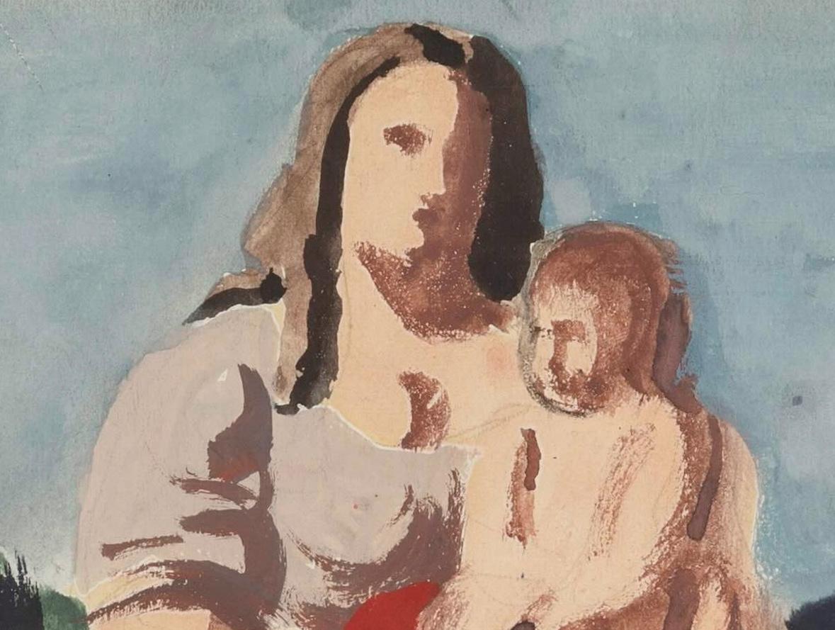 Mother and Child, 1950 - Pintura al gouache con figuras de madre y bebé en venta 1