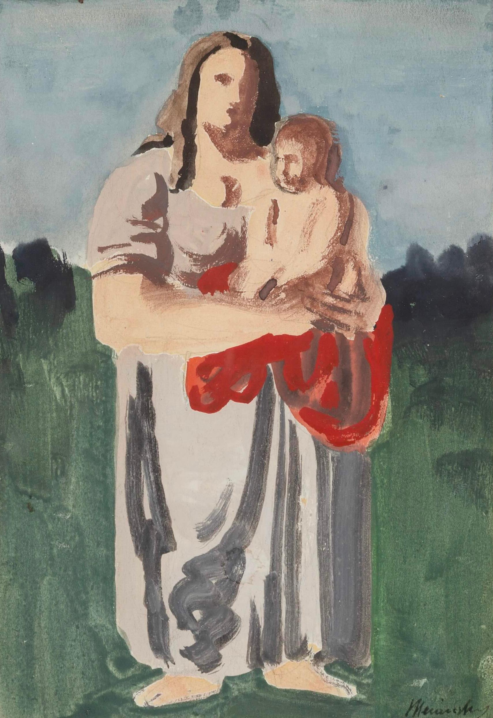 Mother and Child, 1950 - Pintura al gouache con figuras de madre y bebé - Painting de Bernard Meninsky