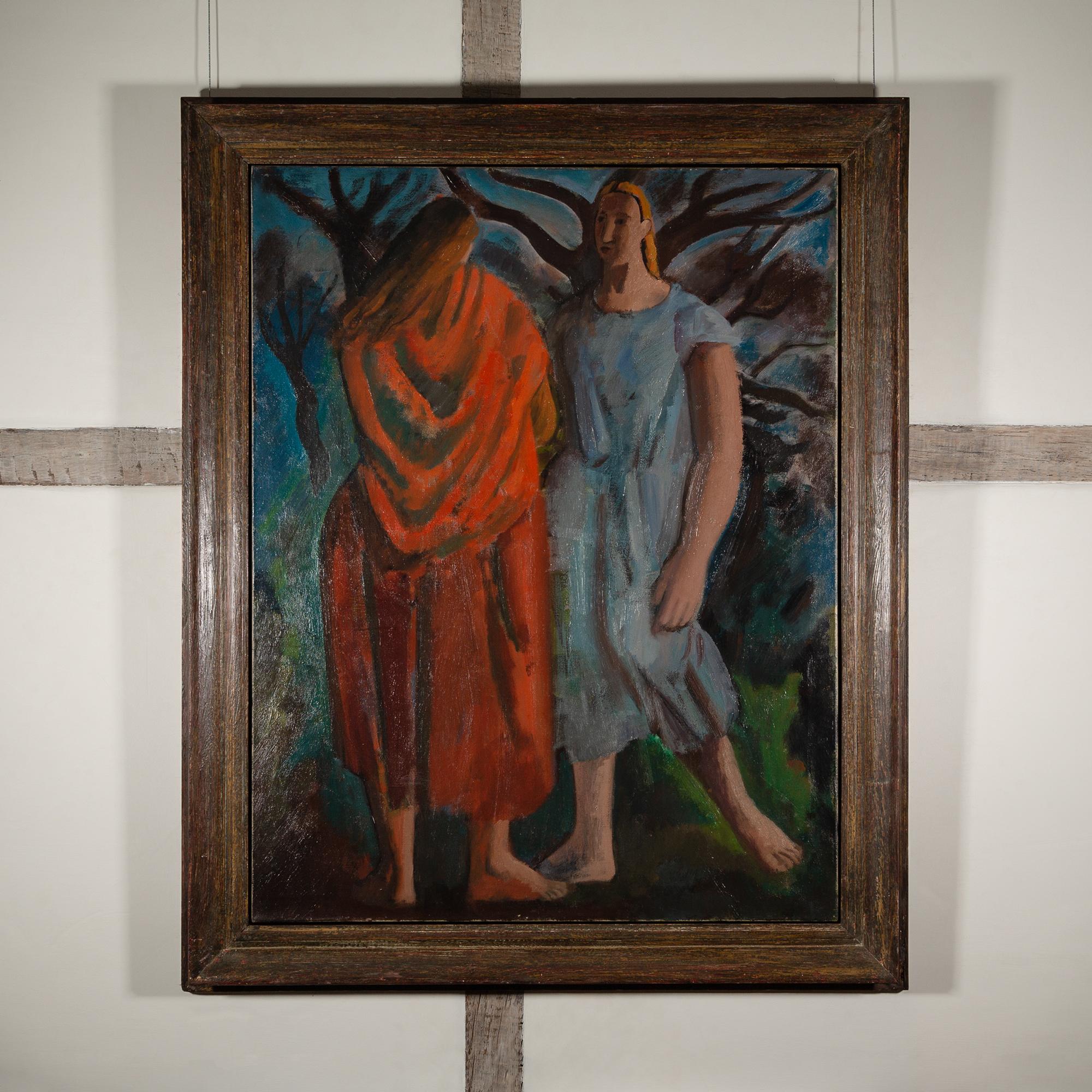 Due donne - Pittura a olio del XX secolo con figure in rosso e blu con albero - Painting di Bernard Meninsky