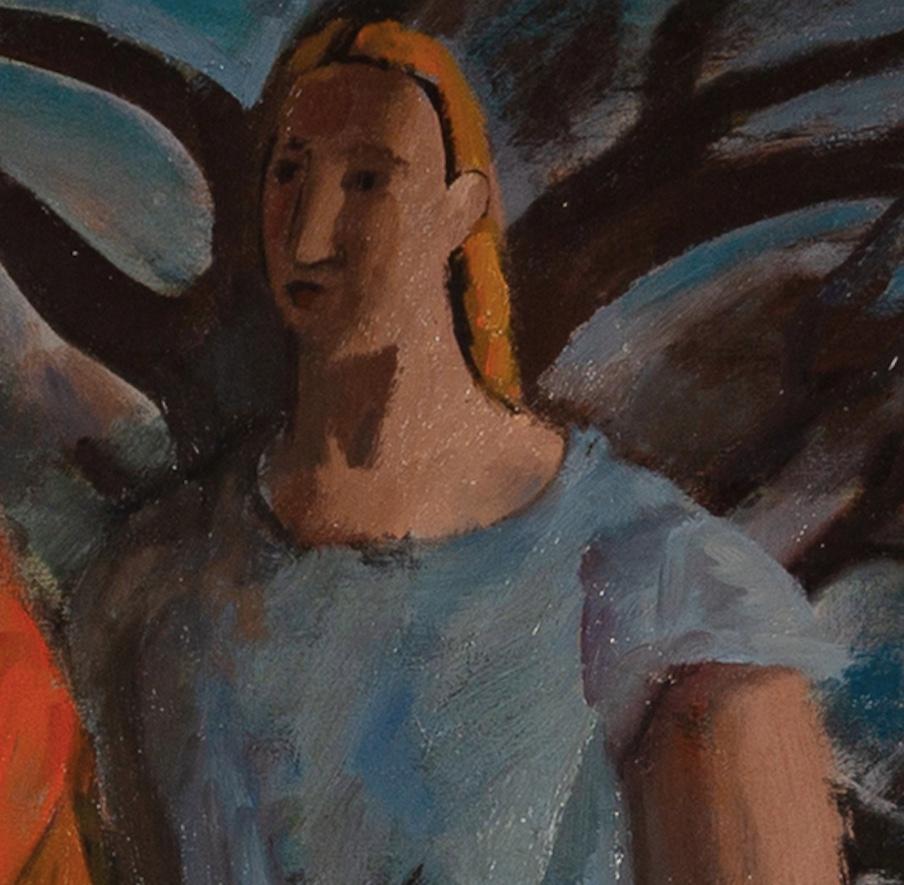 Due donne - Pittura a olio del XX secolo con figure in rosso e blu con albero - Figurative Painting Nero di Bernard Meninsky