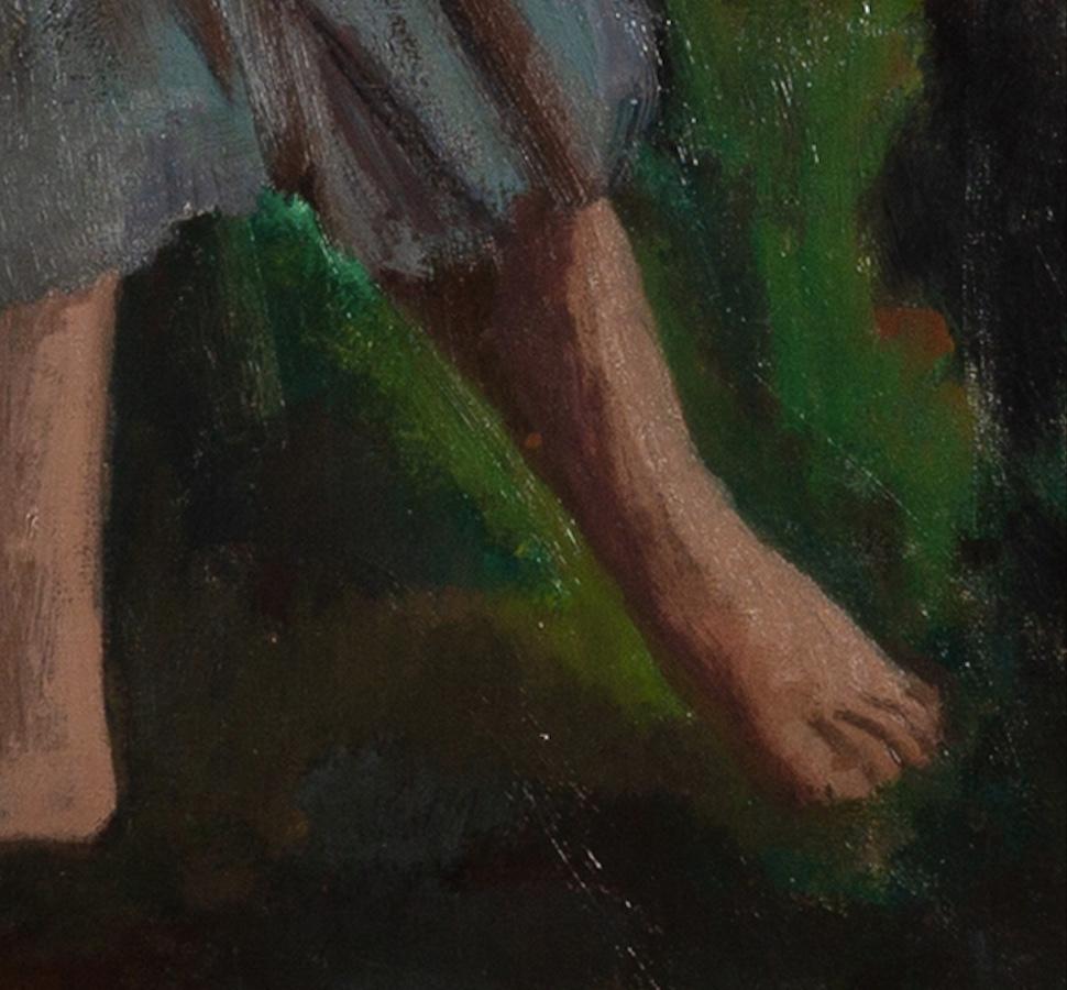 Due donne - Pittura a olio del XX secolo con figure in rosso e blu con albero in vendita 1