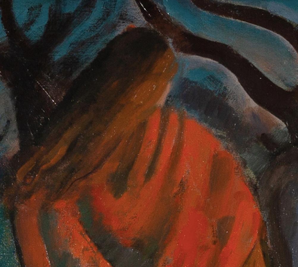 Due donne - Pittura a olio del XX secolo con figure in rosso e blu con albero in vendita 2