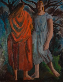 Two Women - 20th Century Oil Painting with Figures in Red and Blue with Tree