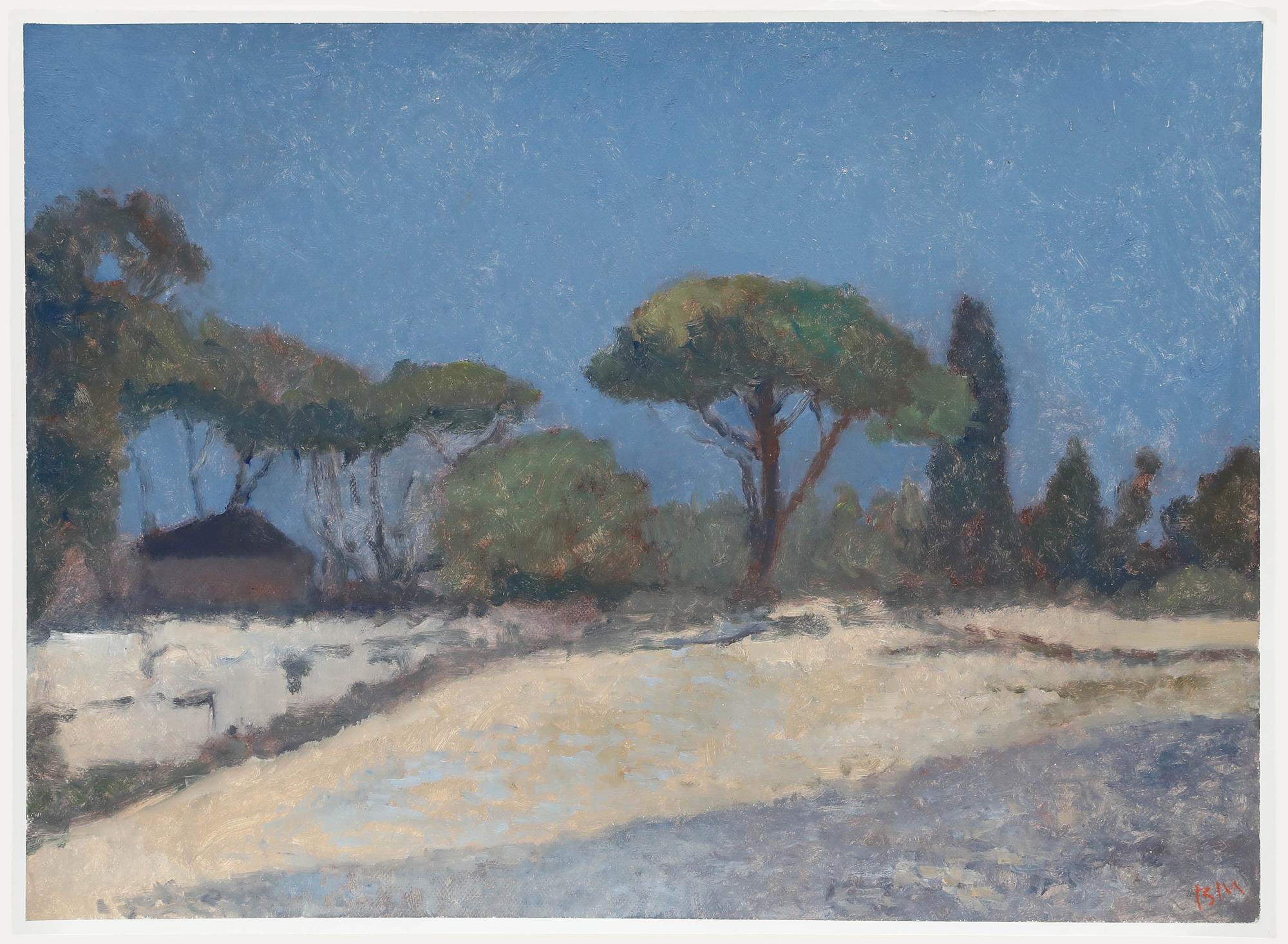 Eine empfindsame Landschaft in Öl des Künstlers Bernard Myers (1925-2007). Signiert mit Initialen unten rechts. Verso betitelt. Auf dem Papier.
