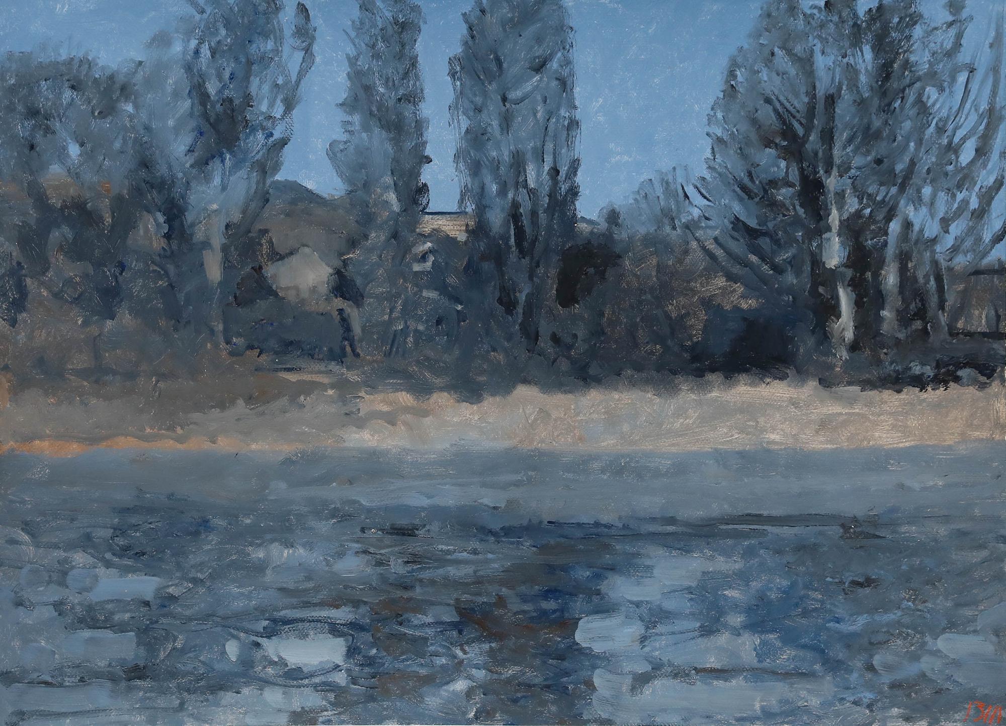 Bernard Myers (1925-2007) - Zeitgenössisches Öl, Die Themse im Winter im Angebot 1