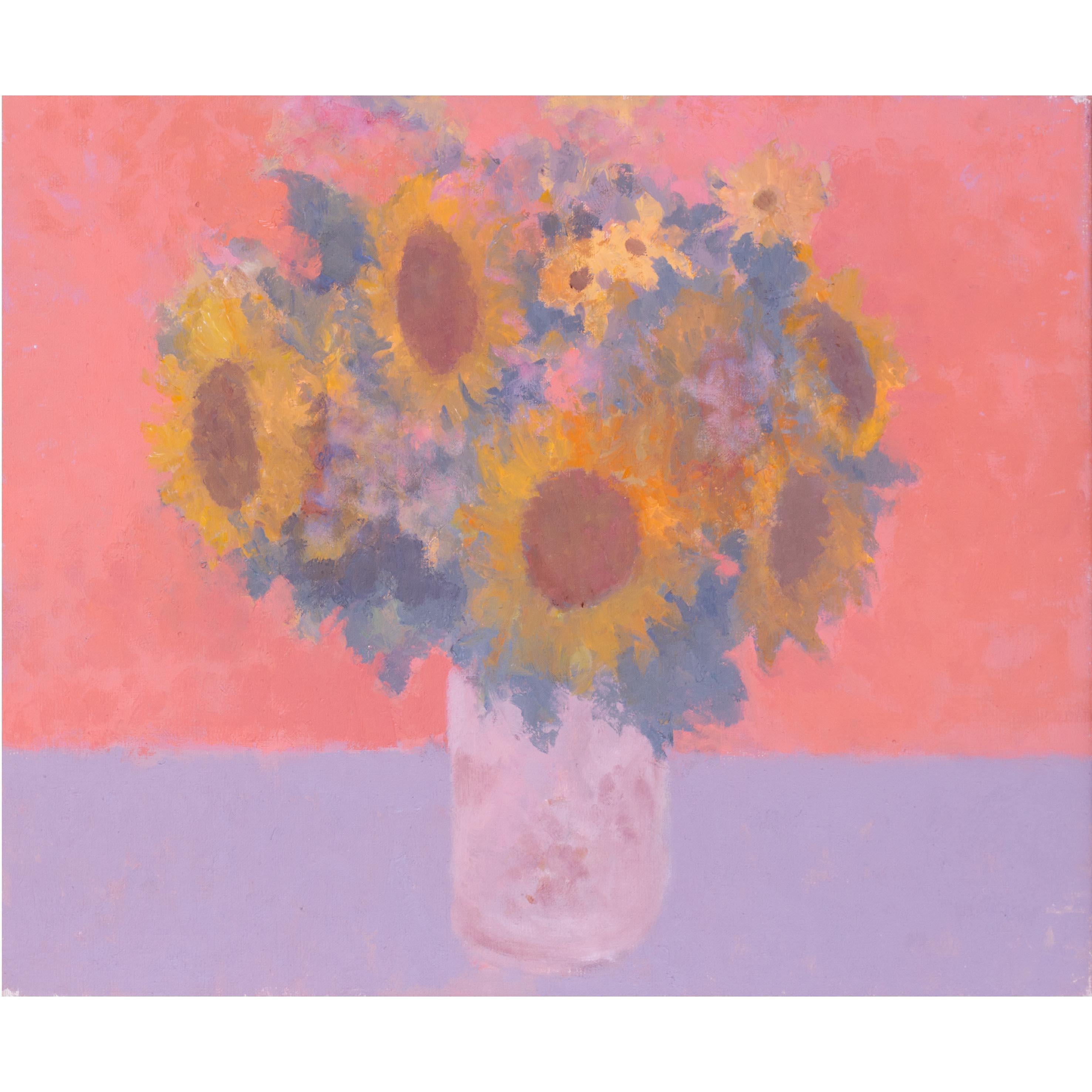 Modern British Öl auf Leinwand von Sonnenblumen auf Rosa von Bernard Myers im Angebot 1