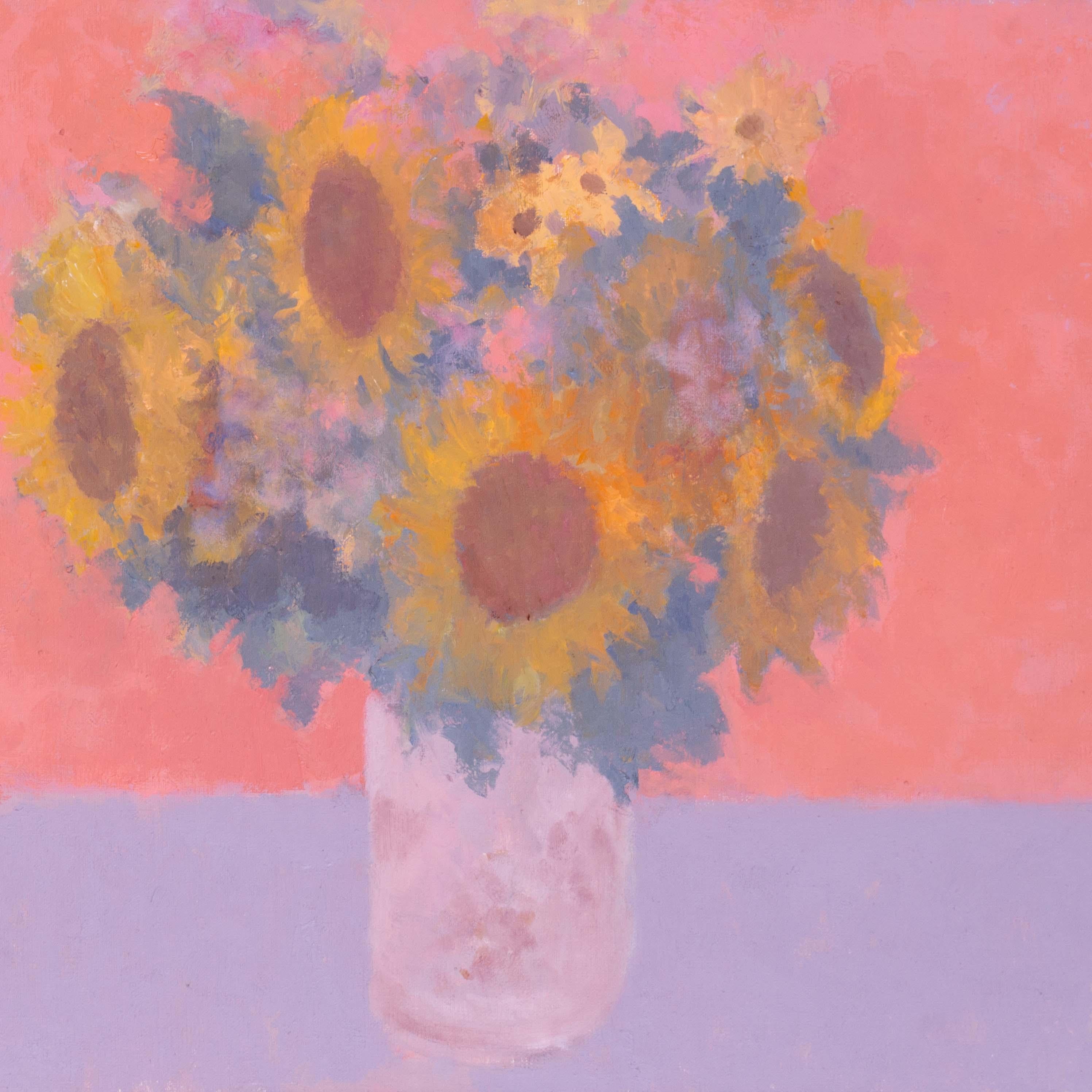 Modern British Öl auf Leinwand von Sonnenblumen auf Rosa von Bernard Myers im Angebot 2