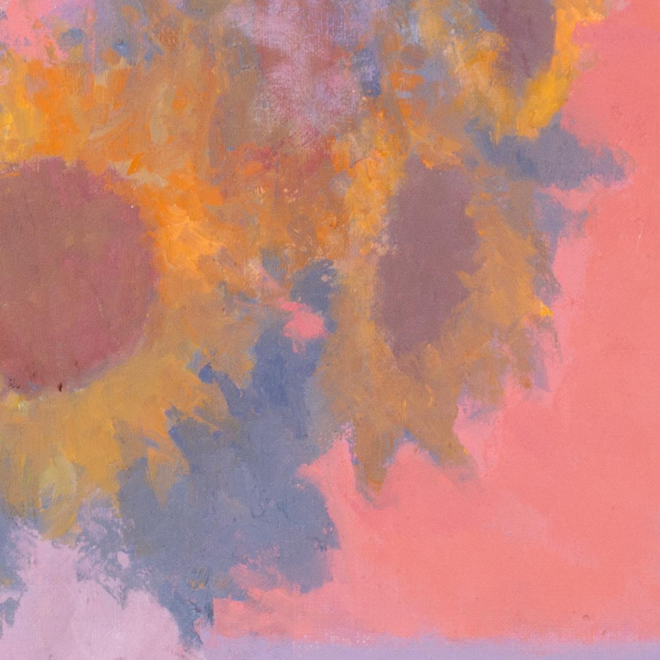 Modern British Öl auf Leinwand von Sonnenblumen auf Rosa von Bernard Myers im Angebot 3