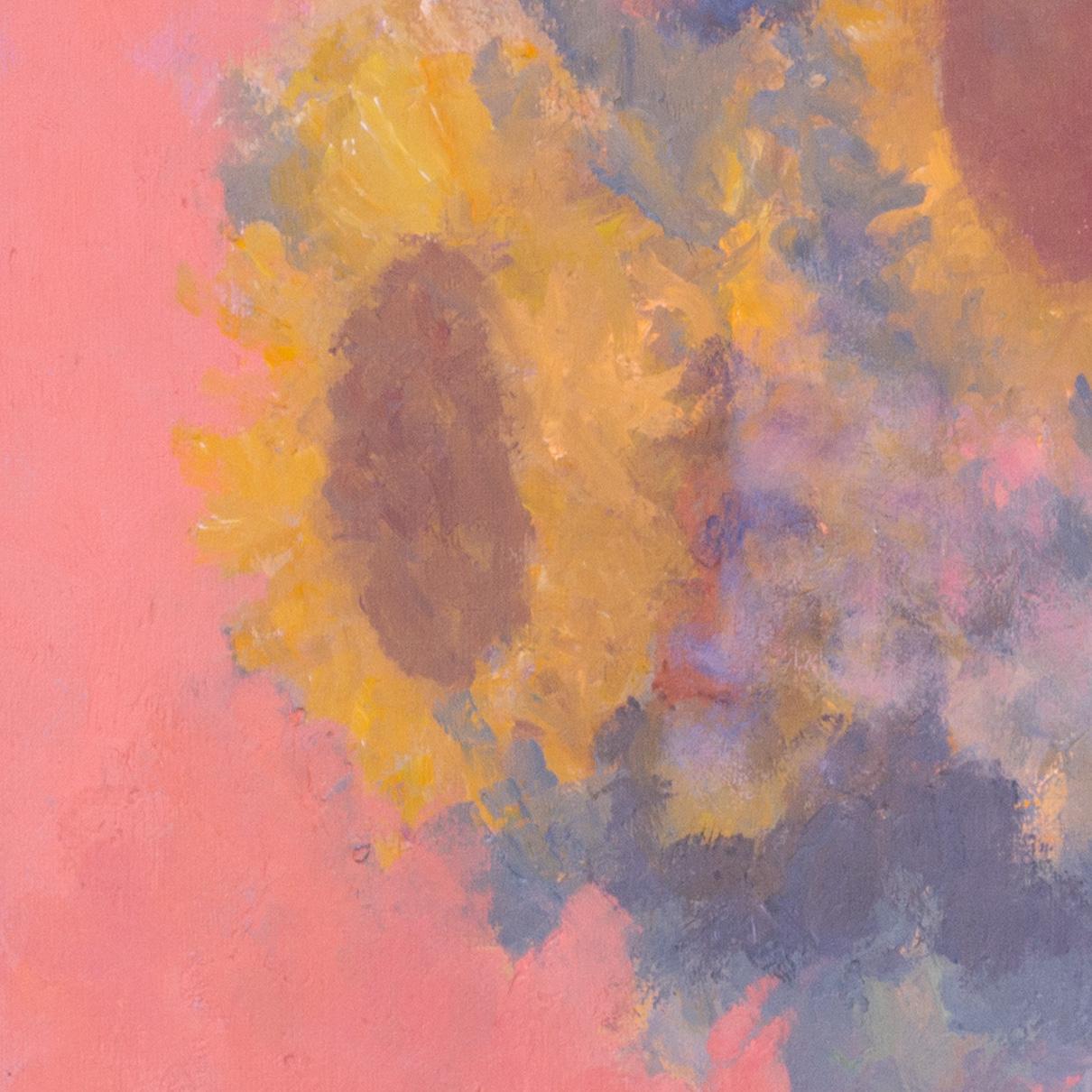 Modern British Öl auf Leinwand von Sonnenblumen auf Rosa von Bernard Myers im Angebot 4
