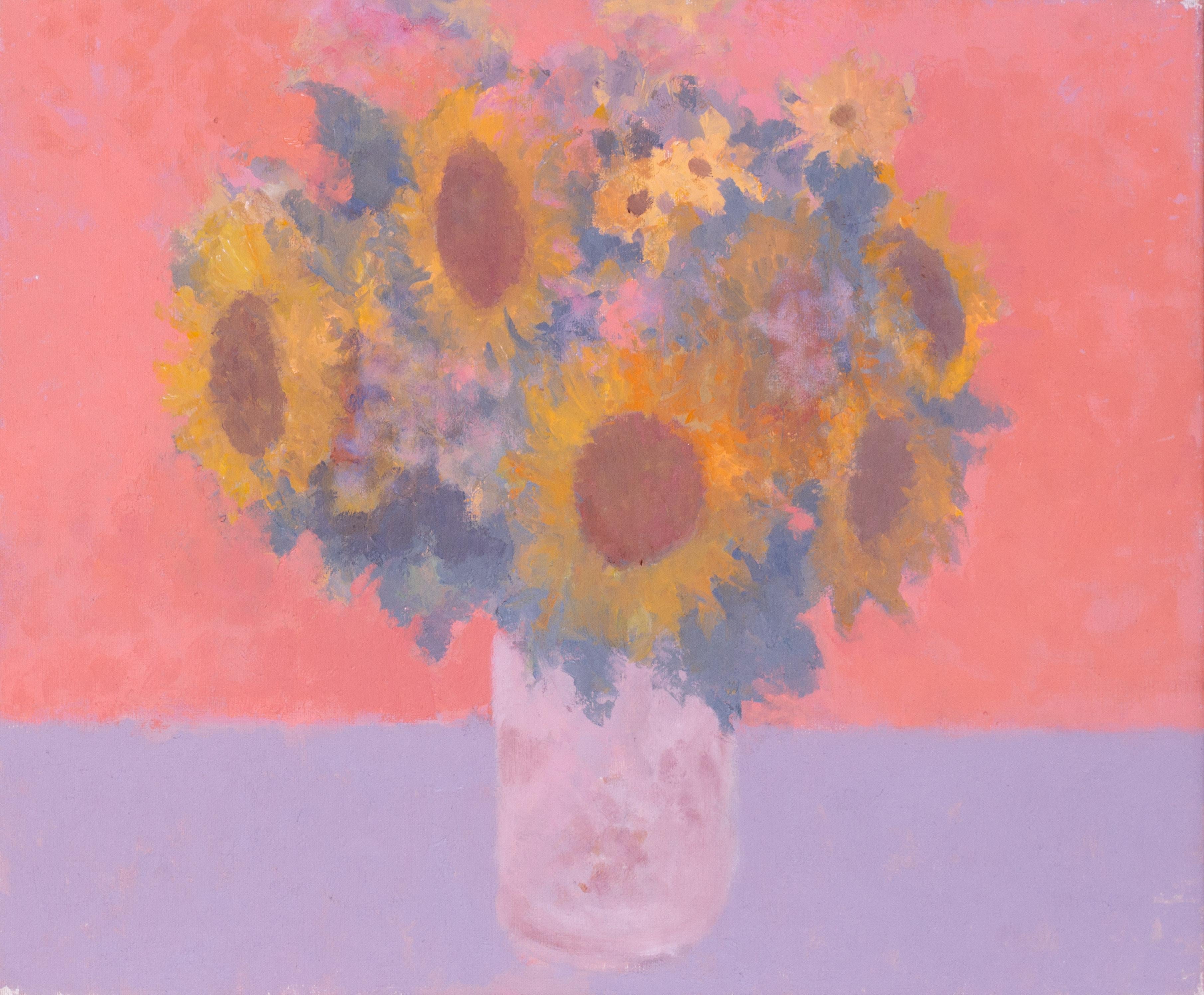 Modern British Öl auf Leinwand von Sonnenblumen auf Rosa von Bernard Myers im Angebot 5