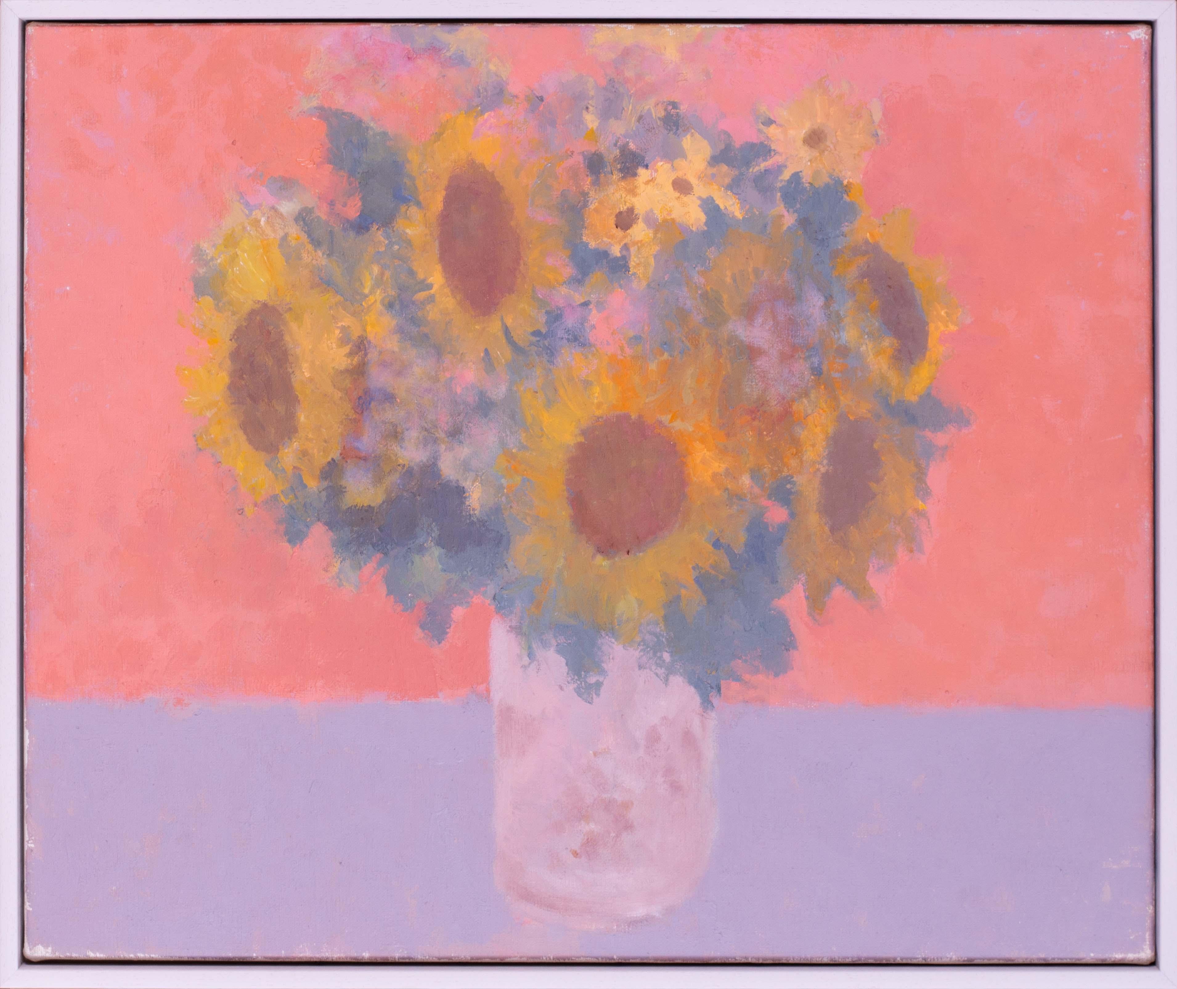 Modern British oil on canvas of Sunflowers on Pink by Bernard Myers