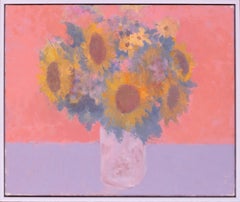 Huile sur toile moderne British de Tournesols sur fond rose par Bernard Myers