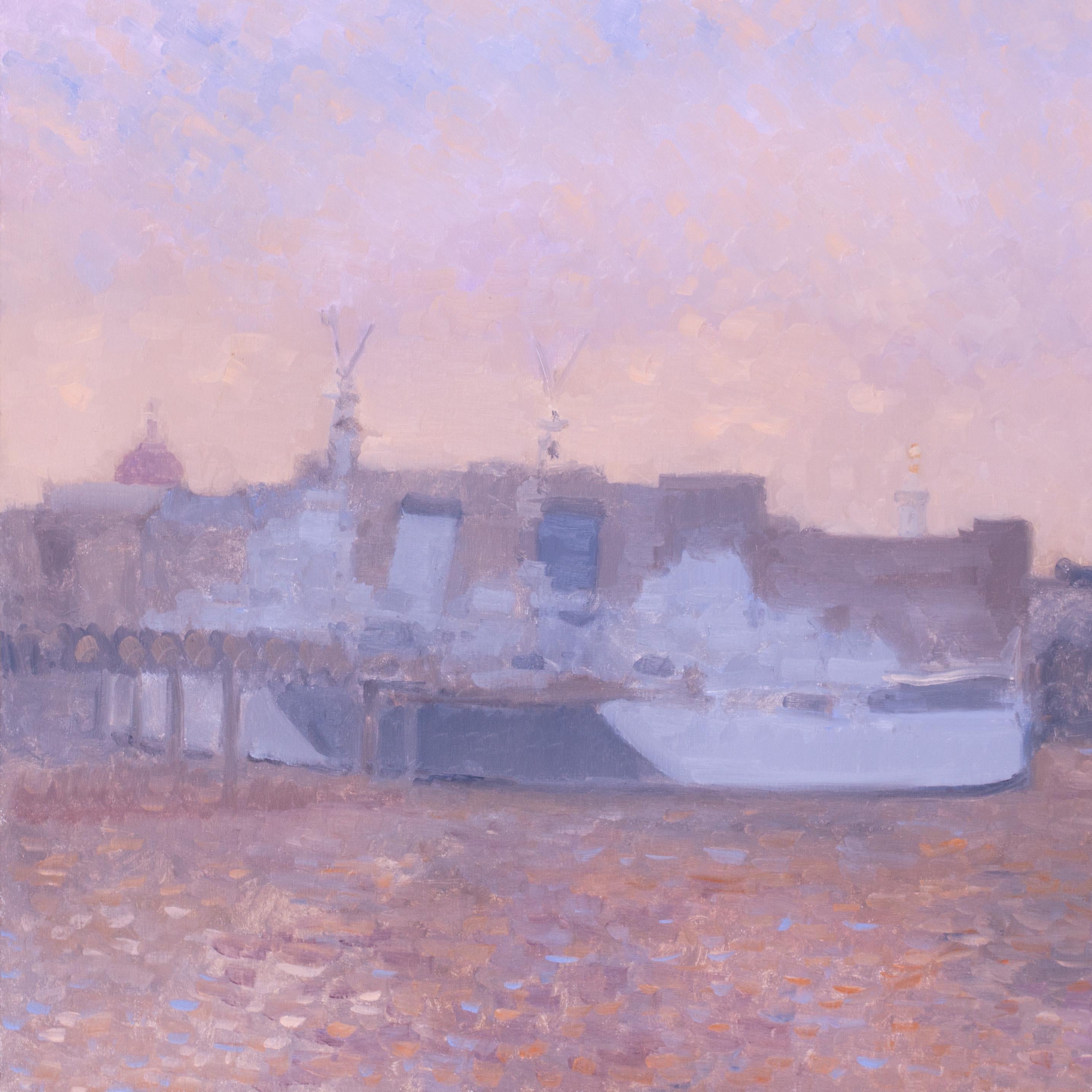 Óleo sobre lienzo Modern British del buque de guerra HMS Belfast por Bernard Myers en venta 1