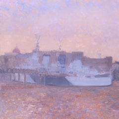 Modern British oil on canvas of the warship HMS Belfast by Bernard Myers