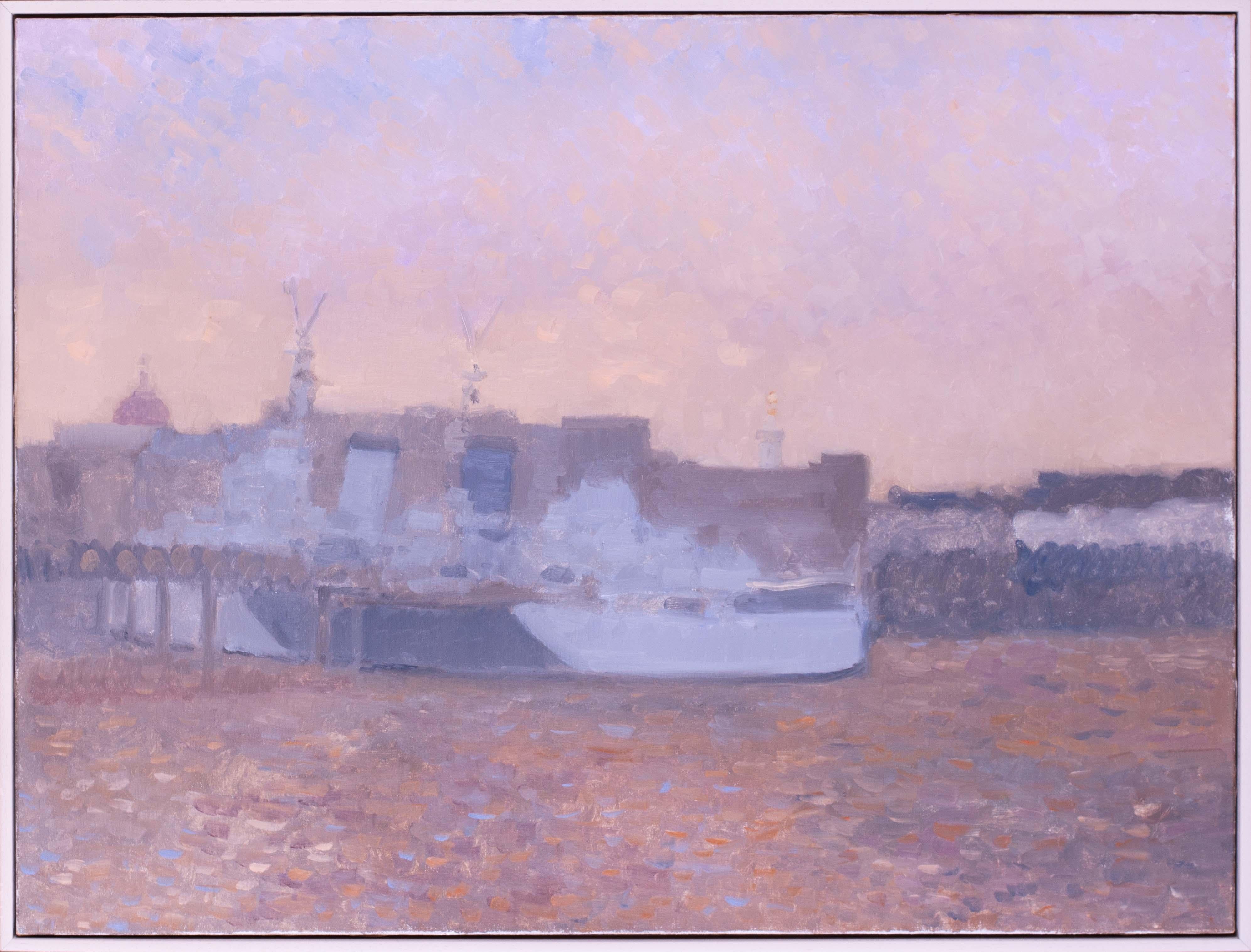 Bernard Myers (británico, 1925-2007)
HMS Belfast
Óleo sobre lienzo
30 x 39.75 in. (76.2 x 101 cm)
Procedencia: Del patrimonio del artista

Una pintura luminosa y contemplativa del artista británico Bernard Myers, HMS Belfast representa el