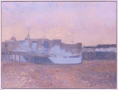 Óleo sobre lienzo Modern British del buque de guerra HMS Belfast por Bernard Myers