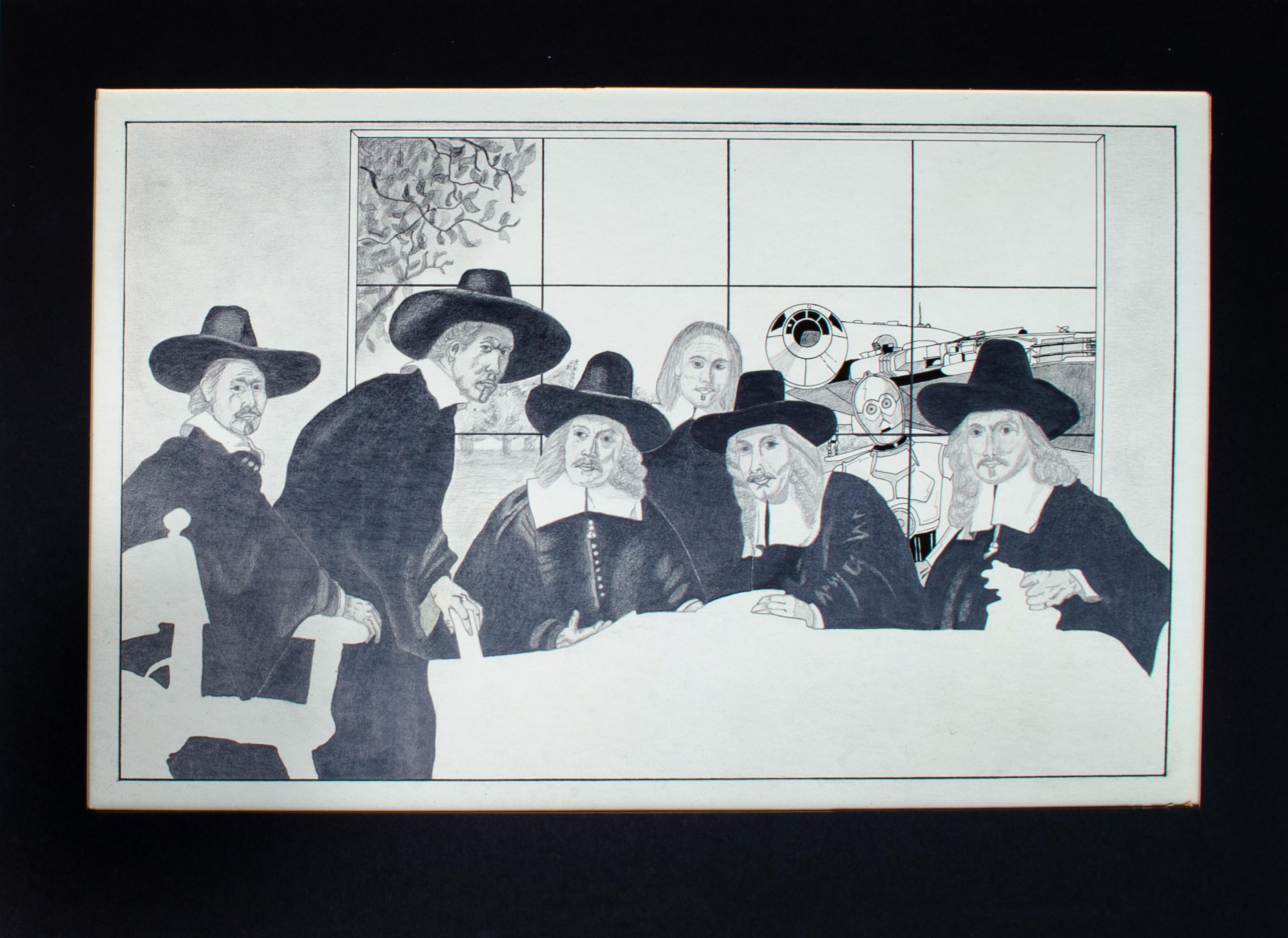 Bernard Nacion
Untitled (Style of Rembrandt), Late 20th Century
Ink and pencil on artist board
19 3/4 x 15 in.

This illustration shows a group of Dutch gentlemen in the style of Rembrandt van Rijn grouped around a table, while the Millennium Falcon