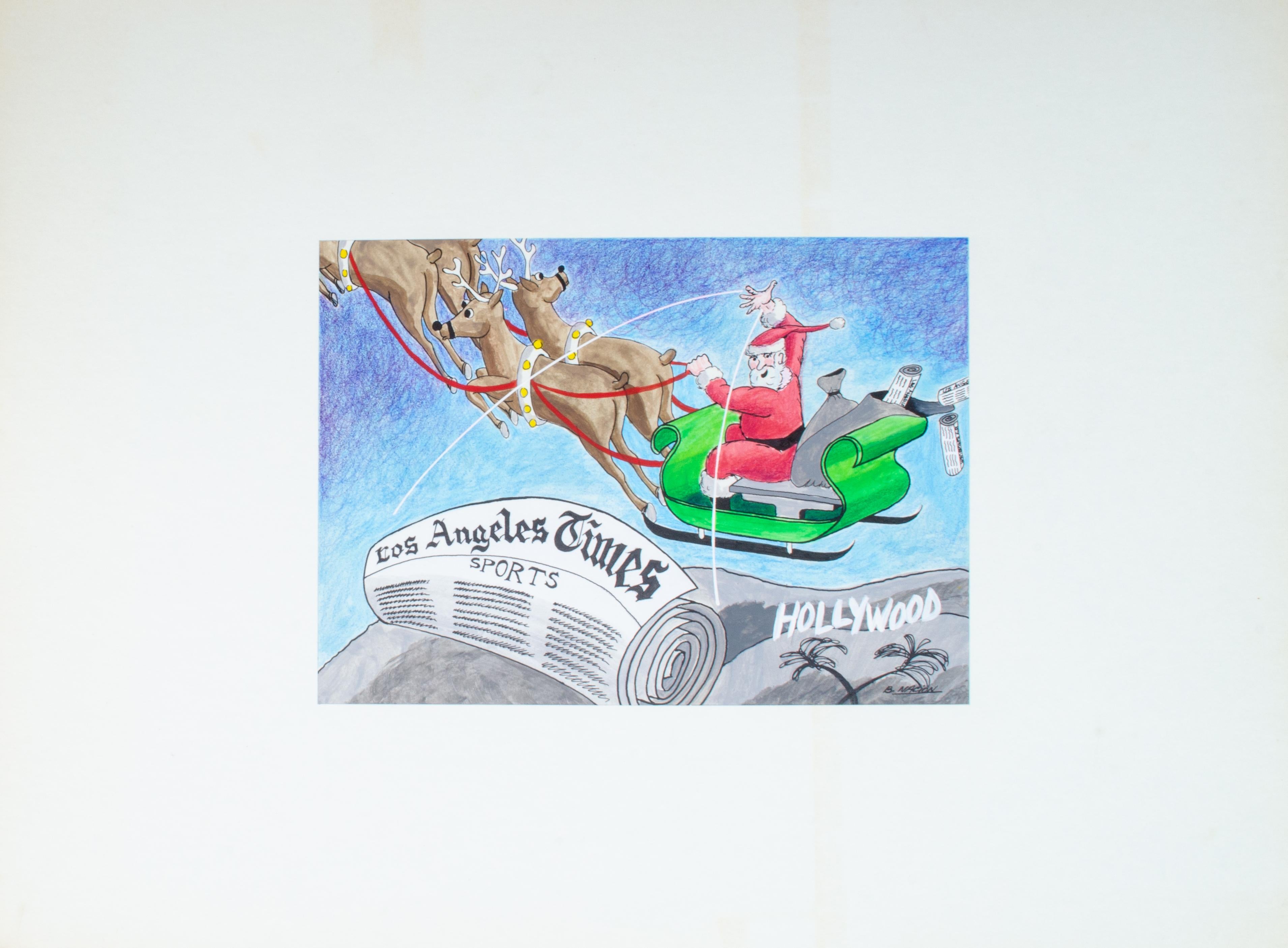 Bernard Nacion
Untitled (Santa Claus Over Los Angeles), Late 20th Century
Watercolor and pastel on artist board
Image: 7 x 9 3/4 in.
Board: 15 x 20 in.

Bernard Nacion is a creative whose imaginative compositions take many different shapes. He guest
