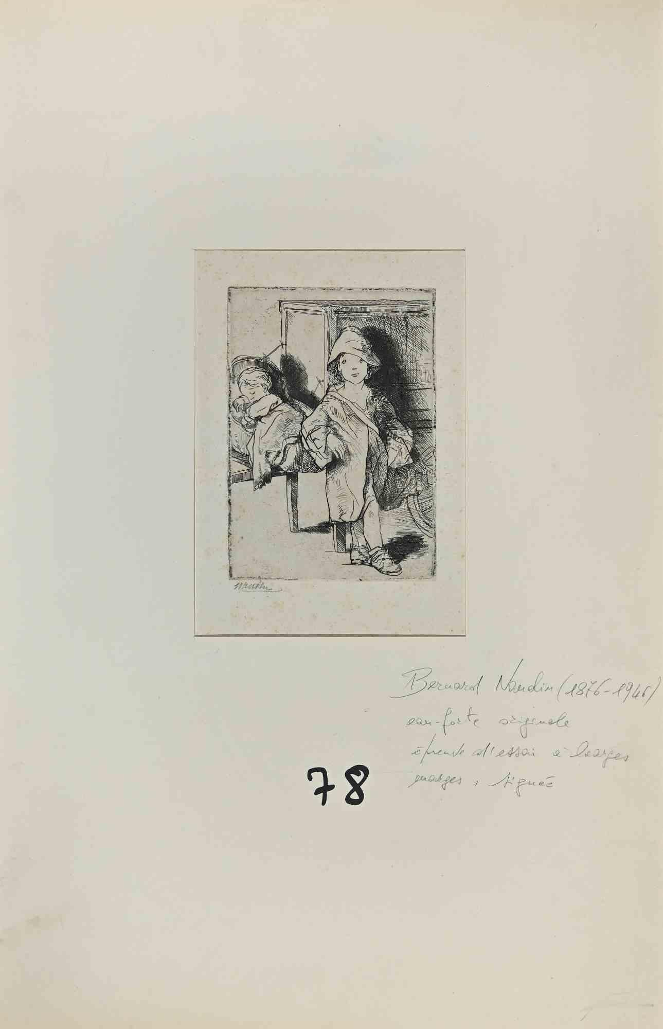 Children - Original Etching By Bernard Naudin- Early 20th Century For Sale 1
