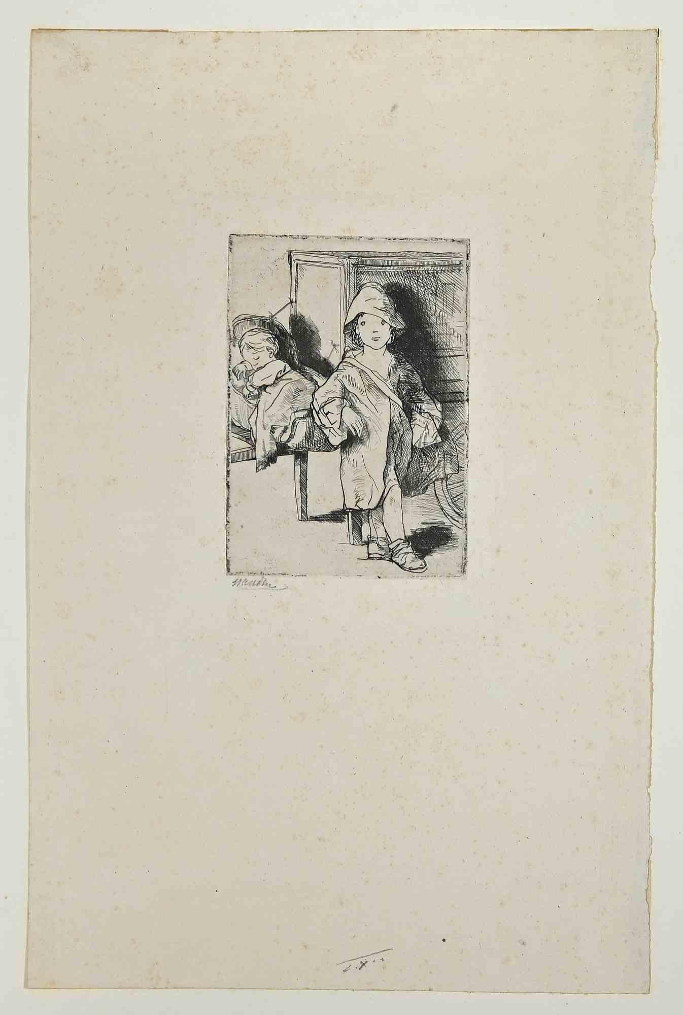 Children is an Original Etching realized by Bernard Naudin (1876-1946).

The artwork  is in good condition, included a cream colored cardboard passpartout (50x32.4 cm).

Hand-signed with pencil by the artist on the lower left corner.

Bernard