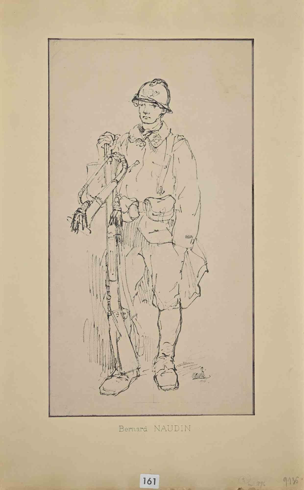 Soldier is an Original woodcut print realized by Bernard Naudin (1876-1946).

The artwork is in good condition on a brown paper, included a yellowed  cardboard passpartout (56x35.5 cm).

Stamp signed on the lower margin.

Bernard Étienne Hubert