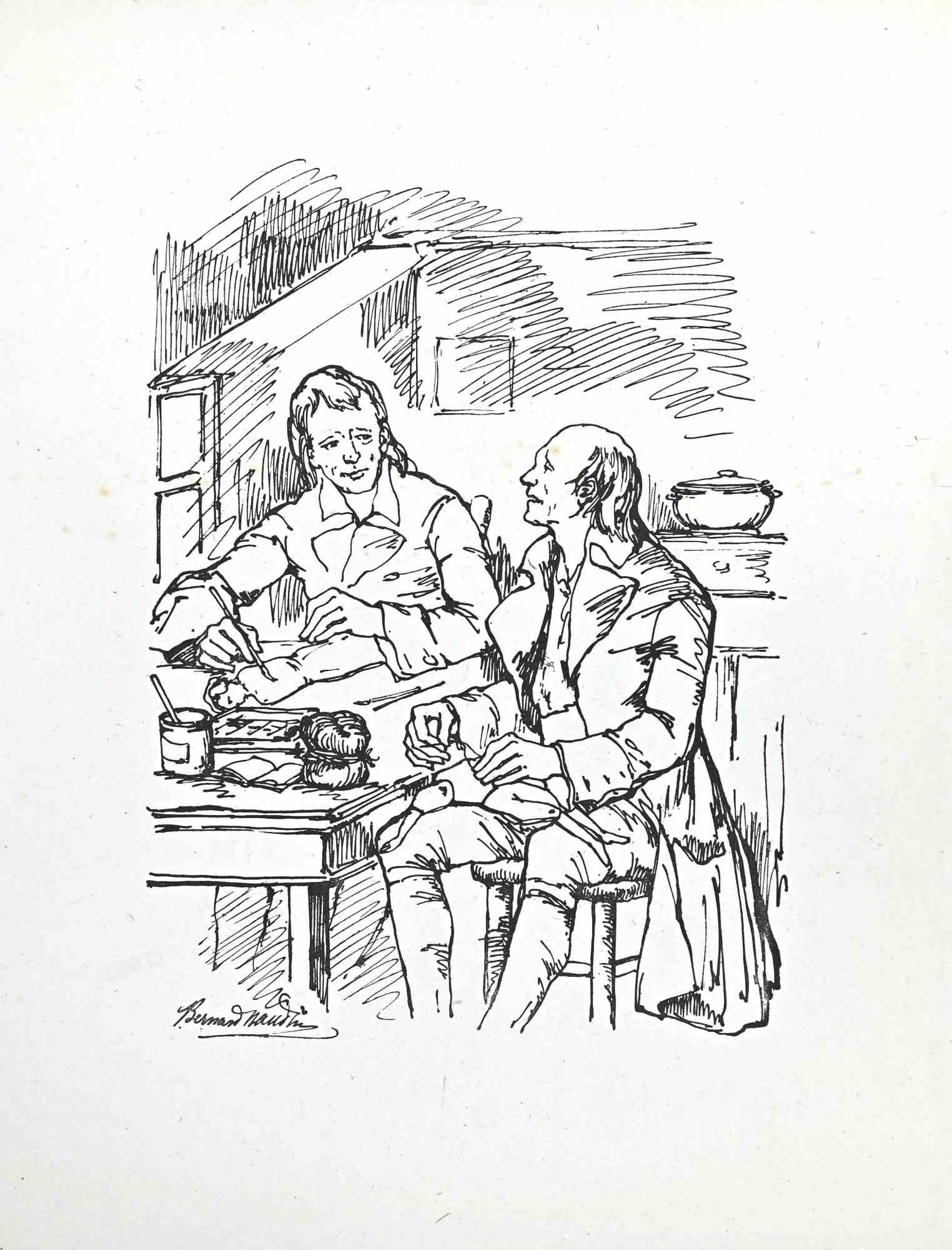 The Conversation on a Table - Holzschnitt von Bernard Naudin - frühes 20. Jahrhundert