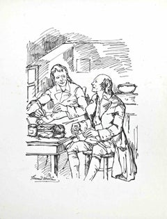 Antique The Conversation on a Table - Woodcut By Bernard Naudin - Early 20th Century
