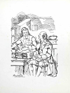 La conversación sobre una mesa - xilografía de Bernard Naudin - Principios del siglo XX