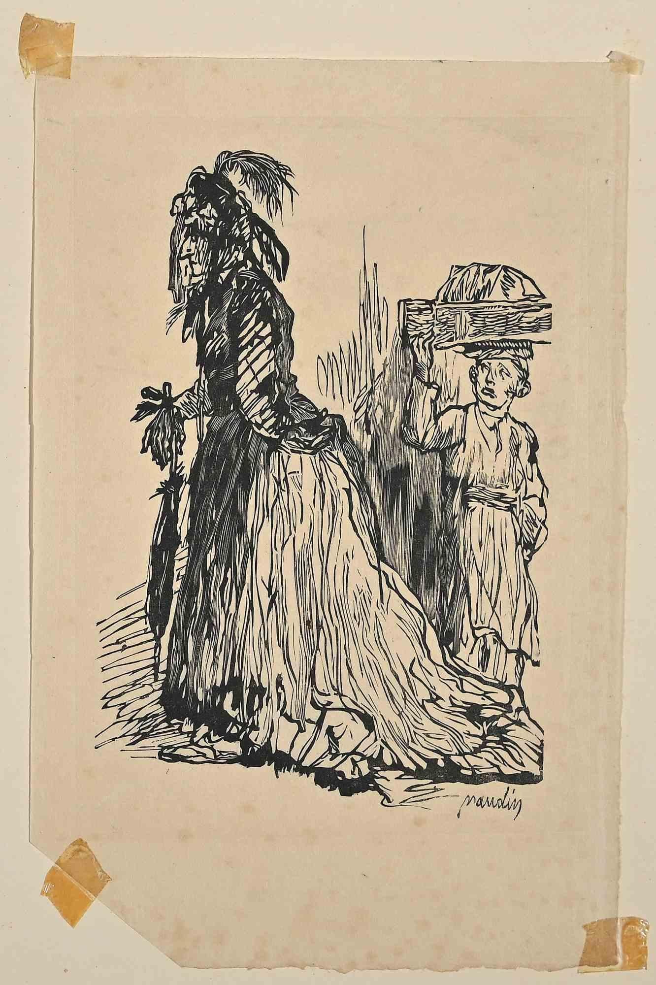 Two Figures - Woodcut Print By Bernard Naudin- Early 20th Century For Sale 1