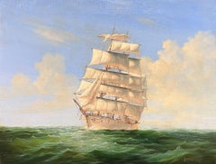 Classic Tall Sailing Ship on Turquoise Seas Signed Original British Oil Painting