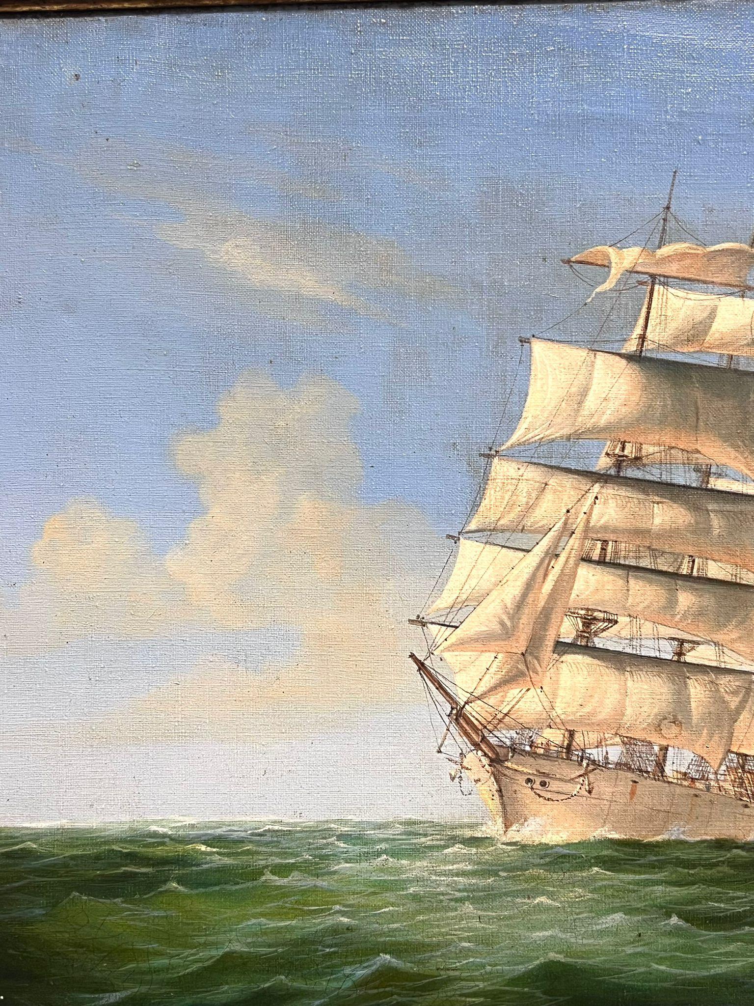 Classic Tall Sailing Ship on Turquoise Seas Signed Original British Oil Painting For Sale 1