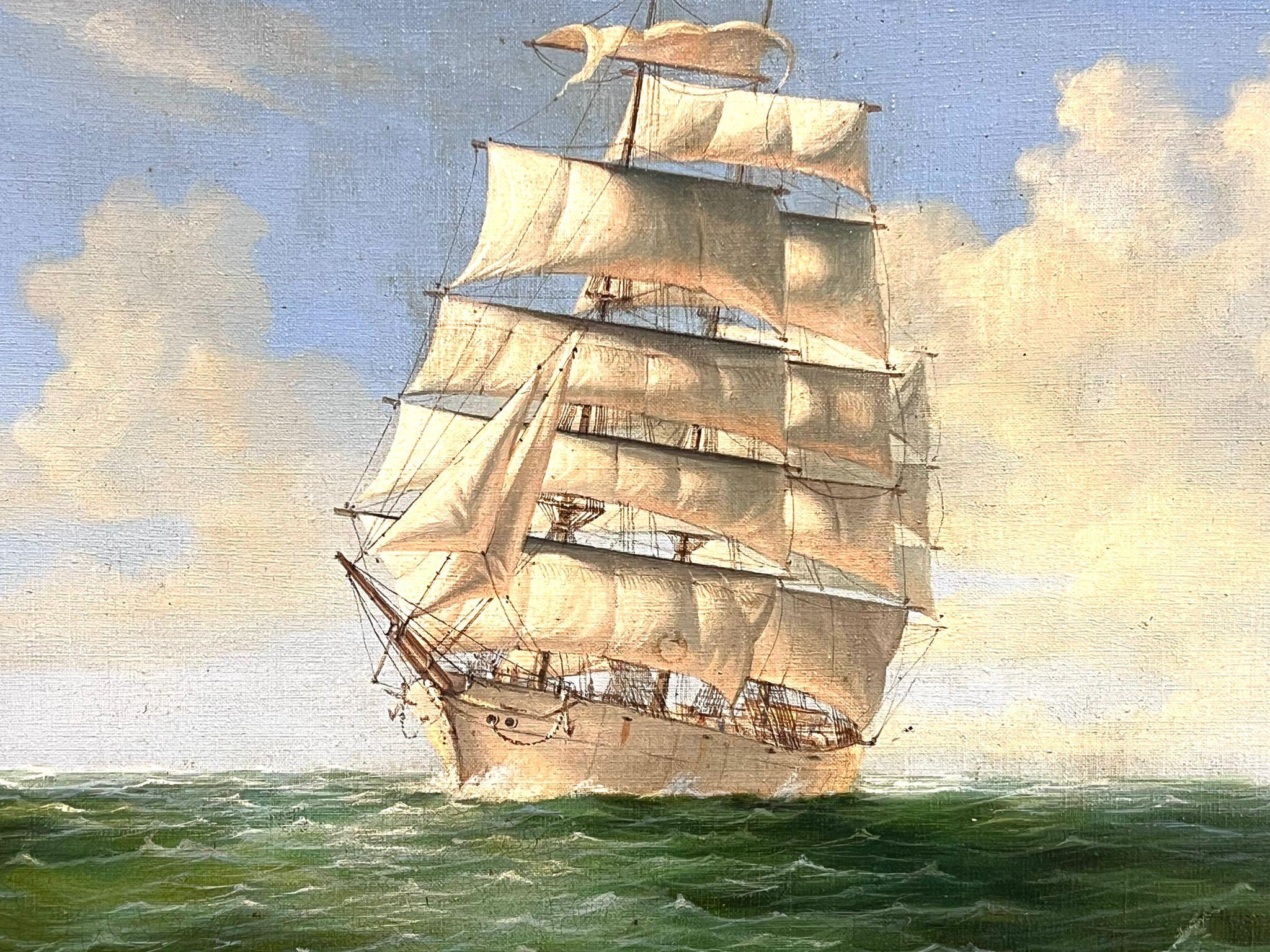 Classic Tall Sailing Ship on Turquoise Seas Signed Original British Oil Painting For Sale 2