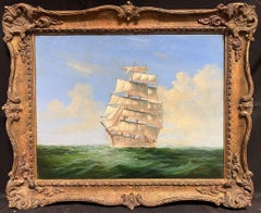 Retro Classic Tall Sailing Ship on Turquoise Seas Signed Original British Oil Painting