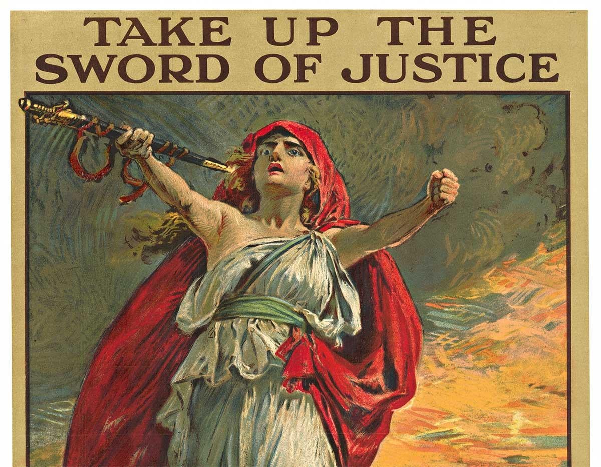 Affiche originale de 1915 «VTake Up The Sword Of Justice » (VTake Up The Sword Of Justice)  Lusitania - Print de Bernard Partridge